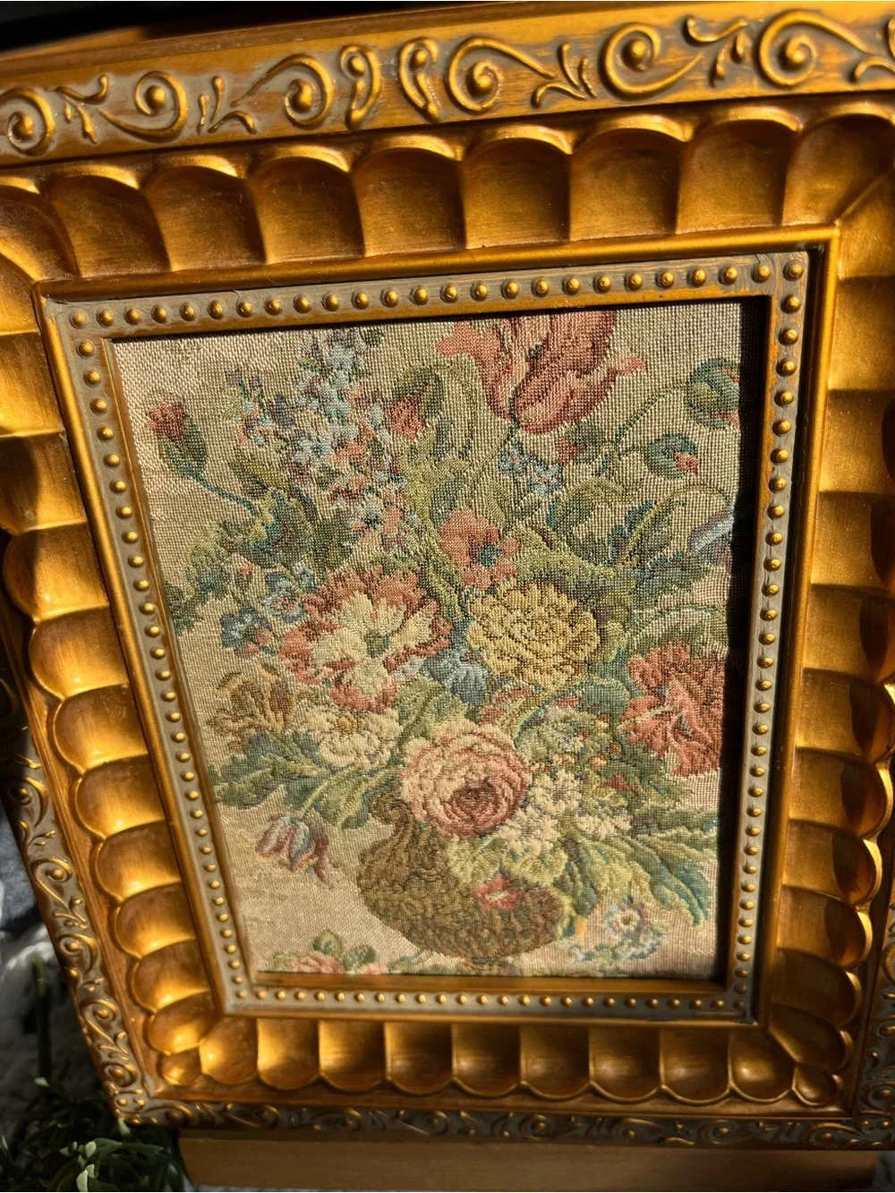 Gold Ornate Framed Antique Floral Tapestry Accent - Home Accents